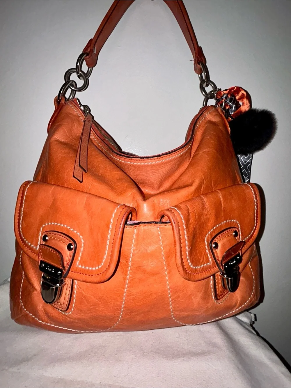 Coach Poppy Tangerine Waxed Leather Distressed Swing Messenger Hobo Purse - Picture 3 of 12